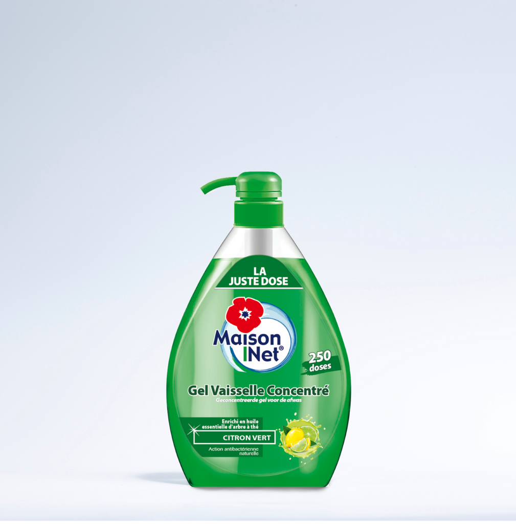Image d'une bouteille avec poussoir de gel vaisselle concentré au citron vert Maison net.